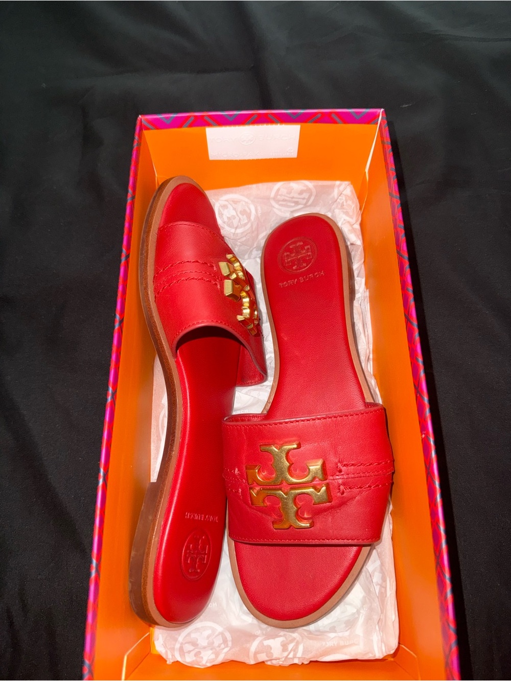 Tory Burch Red Leather Logo Slide Mules with Gold Hardware